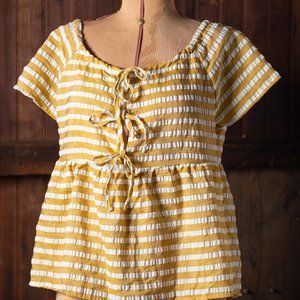 COPY - Yellow and White Striped Tie Front Babydoll Top with Short Sleeves